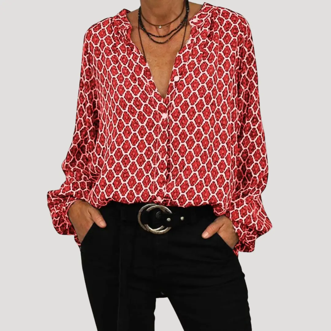 Mira Boho Bluse Dame Langærmet – Mønstret med Knapfront Foran