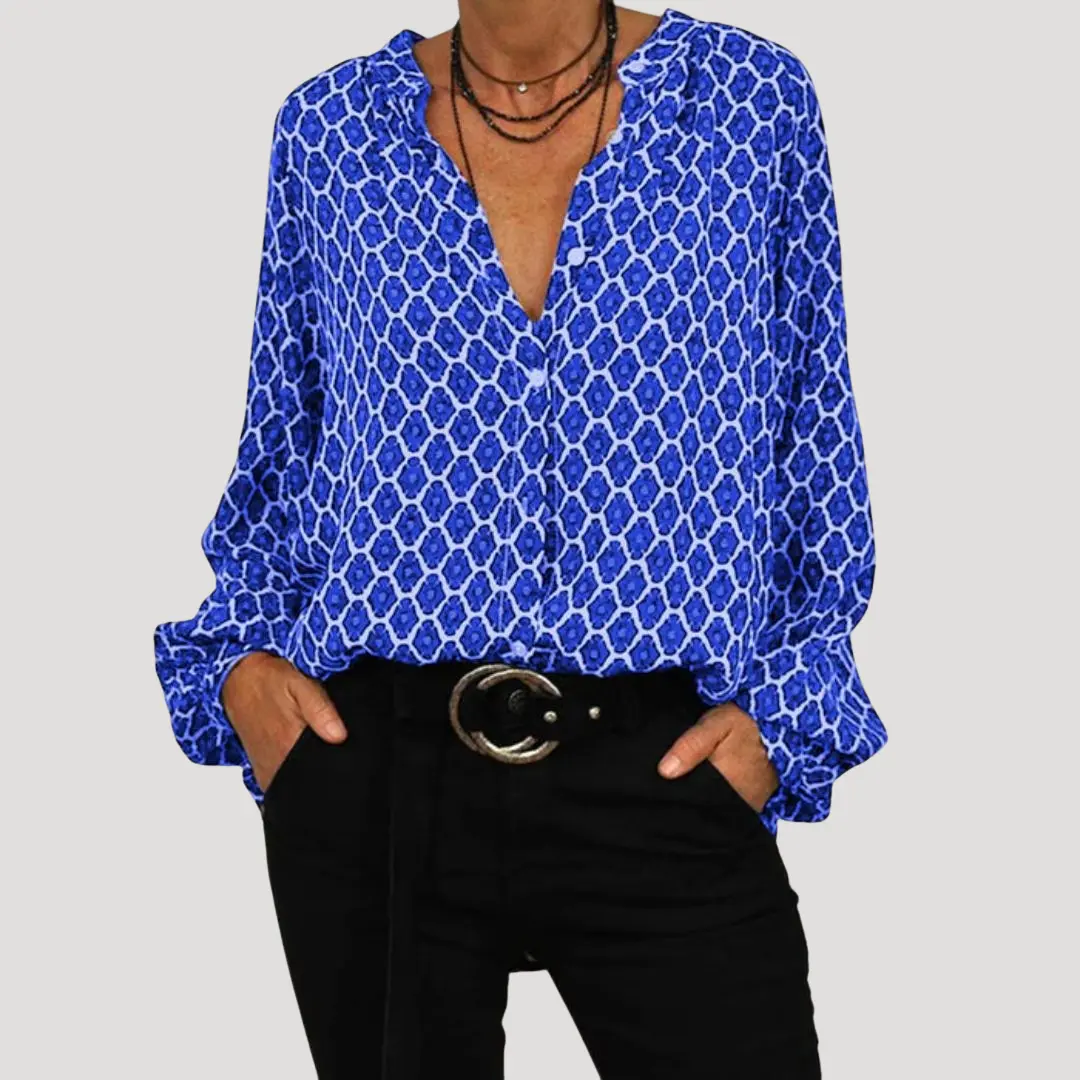 Mira Boho Bluse Dame Langærmet – Mønstret med Knapfront Foran - Billede 3