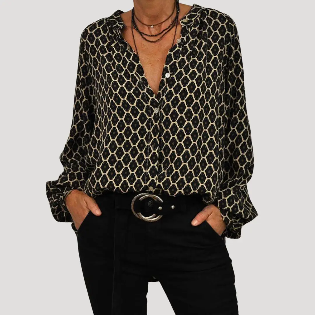 Mira Boho Bluse Dame Langærmet – Mønstret med Knapfront Foran - Billede 4