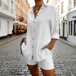 Skjorte dame oversize muslin spidskrave sidelommer justerbare manchetter sommer