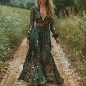 Selvara Boho Maxikjole Dame – Blomsterprint Plisseret med Knapper